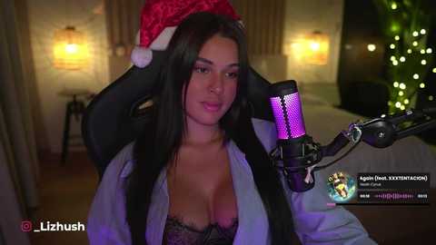 Media: Video of a young, light-skinned woman with long, dark hair, wearing a Santa hat and a low-cut, lace bra, sitting in a gaming chair. She's on a livestream with a purple microphone.