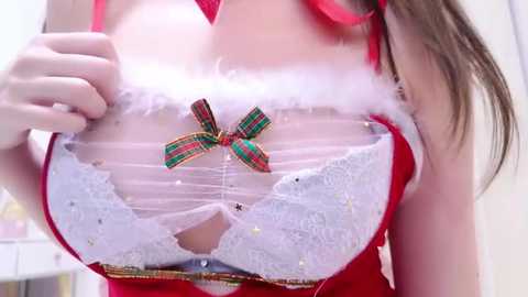 Media: Video of a woman in a red Santa costume, revealing a sheer white lace bra with a red plaid bow and star decorations, showcasing medium-sized breasts.