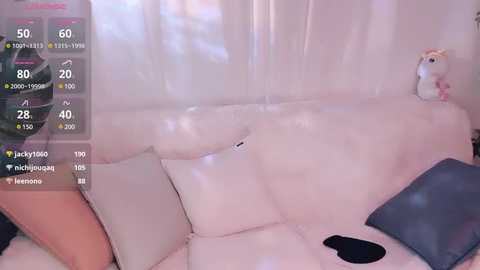 Media: A video of a soft, pastel-colored room with a plush white sofa, a white teddy bear, and a blue pillow, set against sheer white curtains. A digital overlay displays temperature, humidity, and time.