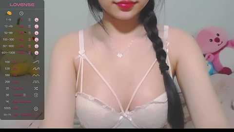 Media: Video of an Asian woman with fair skin, wearing a pink lace bra, braided black hair, and red lipstick. Background features a pink teddy bear and a virtual chat interface with \"LOVEANISE\" displayed.