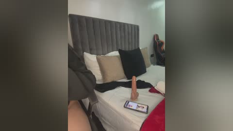 Media: A video shows a messy, dimly lit bedroom with a grey upholstered headboard, a smartphone on the bed, and a realistic dildo. The room has a minimalist style with beige walls and red accents.