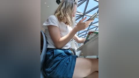 Media: A video of a young woman with wavy blonde hair, wearing a white t-shirt and blue skirt, sitting on a chair, engrossed in a book, under a glass ceiling, lit by natural light.