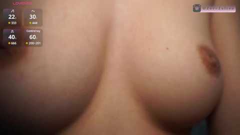 Media: A close-up video of a light-skinned, bare-chested woman with large breasts, displaying visible nipples and a soft texture. The background is blurred, focusing on the subject's upper torso.