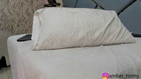 Media: Video of a bed with a white pillow and duvet, featuring a black laptop on the left side, and a fluffy beige blanket in the background.