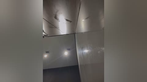 Media: Video of a sleek, modern bathroom ceiling with reflective metallic surfaces, showcasing three recessed lights. The walls are clean and white, creating a minimalist, industrial aesthetic.