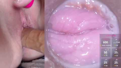 Media: A close-up video of a light-skinned woman's pink-painted lips and tongue licking a large, tan-colored dildo, with a graphic displaying penetration depth and time.