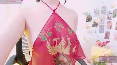 Media: Video of a light-skinned person wearing a sheer, red halter top with a phoenix design. Background features a white wall with a collage of photos and a pink flower arrangement.