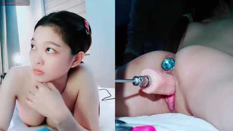 Media: A side-by-side video shows an Asian woman with dark hair in a ponytail, wearing a pink bra, gazing intently in one image, and her naked buttocks being penetrated by a blue-tipped anal plug in the other.