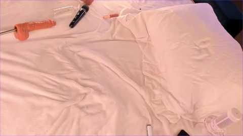 Media: A close-up video of a white bed sheet with a noticeable tear and a black pen lying on it. The background is blurred.