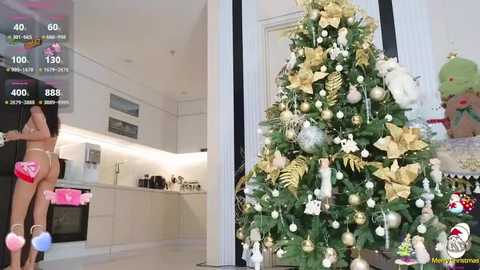 Media: A video collage juxtaposes a woman in a red thong standing in a modern kitchen with a festive Christmas tree adorned with gold and white decorations.