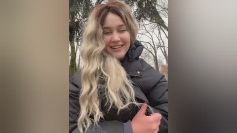 Media: A video of a smiling young woman with long, wavy, platinum blonde hair, wearing a black puffy jacket, holding a black hairbrush in front of a blurred, leafless tree background.