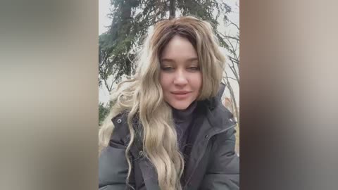 Media: Video of a young woman with long, wavy, blonde hair, wearing a dark jacket, smiling softly outdoors against a blurred background of trees.