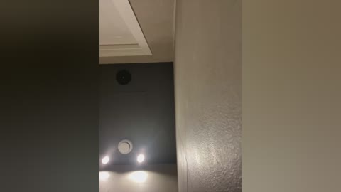 Media: Video of a dimly lit interior space with a corner junction of two walls. One wall is dark grey, the other light beige. A ceiling light above the corner casts a soft glow, illuminating the textures of the walls.