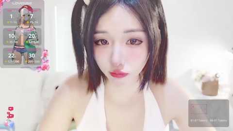 Media: Video of an East Asian woman with straight black hair in pigtails, wearing a white halter top, and red lipstick, in a bright, white room with a bed and pink flowers.