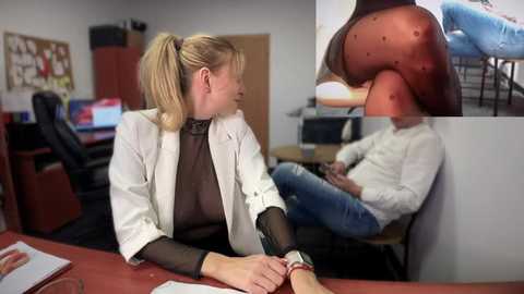 Media: Video of a blonde Caucasian woman in a white lab coat and a brown top, examining a man's bruised leg in a medical office.