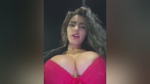 Media: A video of a voluptuous woman with wavy, shoulder-length blonde hair, wearing a red lace bra, and a black jacket. Her large breasts are prominent, and she has a sensual expression.