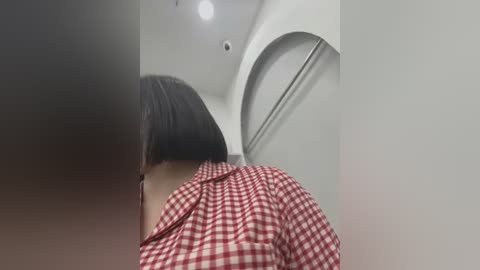 Media: Video of a person with straight, dark hair wearing a red and white checkered shirt, standing in a modern, curved-ceiling restroom with white walls and a metallic sink. The image is slightly blurred.