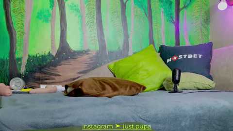 Media: Video of a cozy bedroom with a green forest mural, a gray bed, green pillows, a brown pillow, a sleeping cat, a black lamp, and a \"NOSTREET\" pillow.