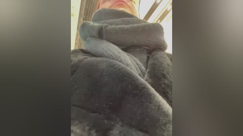 Media: Video of a person, possibly female, wearing a dark gray, fluffy blanket wrapped tightly around their body, with their head slightly visible, and their face partially obscured. The background features a blurry indoor setting with wooden beams.