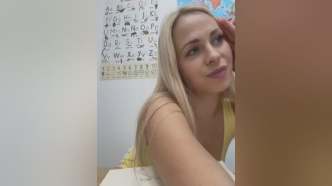 Media: Video of a blonde Caucasian woman in a yellow sleeveless top, leaning on a table, studying a whiteboard with alphabet and math symbols in a classroom.