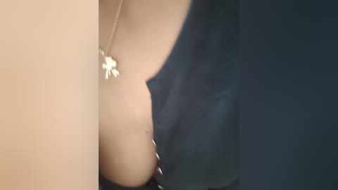 Media: A close-up video of a woman's bare chest, partially covered by a black garment, showing a small, golden pendant necklace. The background is blurred, with varying shades of light and dark tones.