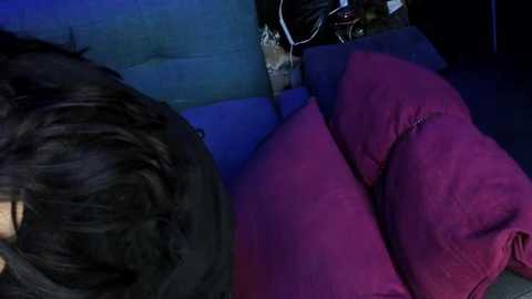 Media: A dimly lit video of a person with dark hair, wearing a black jacket, lying on a blue sofa, with a maroon blanket covering them, next to a tangled mess of wires and cables.