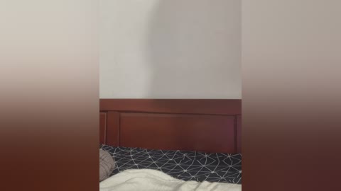 Media: Video of a simple bedroom with a wooden headboard, a dark patterned comforter, and a white pillow, against a plain beige wall. The room is softly lit, creating a calm and minimalistic ambiance.