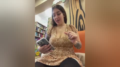 Media: A video of a tattooed woman with long dark hair, wearing a beige patterned dress, sitting in a library, holding a smartphone, smiling.