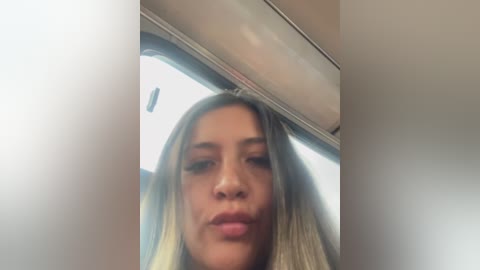 Media: Video of a young woman with long, straight blonde hair, fair skin, and light makeup. She is puckering her lips and looking directly at the camera. The background shows the interior of a car with a sun visor and tinted windows.