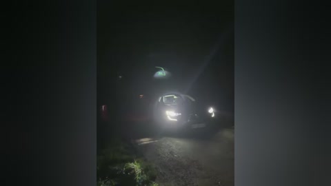 Media: A nighttime video of a dimly lit road with a car's headlights shining brightly ahead, surrounded by darkness and faintly visible green foliage on the left side.