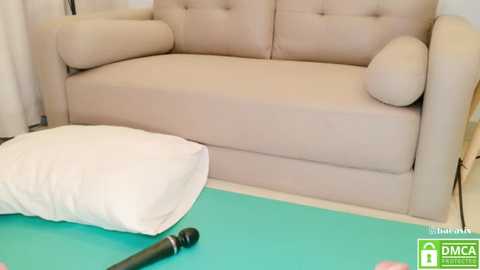 Media: A video of a beige tufted sofa with two white pillows and a blue yoga mat, with a black massage wand on the mat in the foreground.