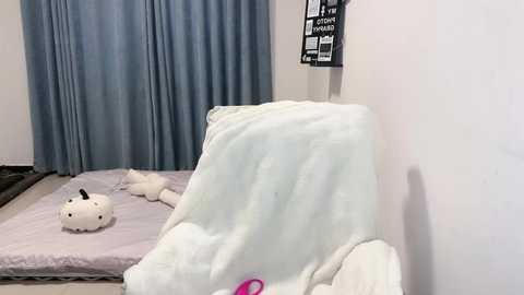 Media: Video of a minimalist bedroom with a light gray bed covered in a white blanket. A stuffed bear and a pink toy are on the bed. Blue curtains cover the window, and a motivational poster hangs on the wall.