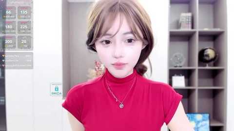 Media: Video of a young Asian woman with light skin and brown hair, wearing a red turtleneck, standing in an office with a white wall, grey shelves, and a globe.