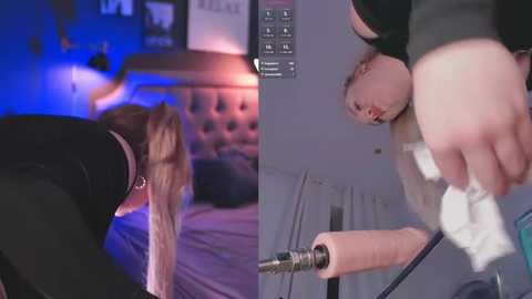 Media: A split-screen video juxtaposes a blonde woman wearing a black top, bending over a bed, with a man standing, holding a microphone, in a dimly lit room.