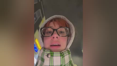 Media: Video of a young boy with red hair, wearing large black-framed glasses, a white hooded coat, and a green and white plaid scarf, standing in a dimly lit room with blurred, indistinct objects in the background.