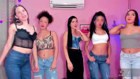 Video of five young women in a pink room, wearing casual outfits; one has a large afro, another is topless, and two wear denim shorts.