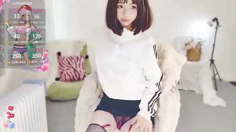 Media: Video of an Asian woman with a bob haircut in a cozy, minimalist room. She wears a white sweater, black shorts, and thigh-high stockings. A virtual overlay displays fitness stats.