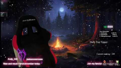 Media: A digital screenshot from a video game, featuring a dark-skinned character with a red and black hoodie, standing by a glowing campfire in a forest at night.