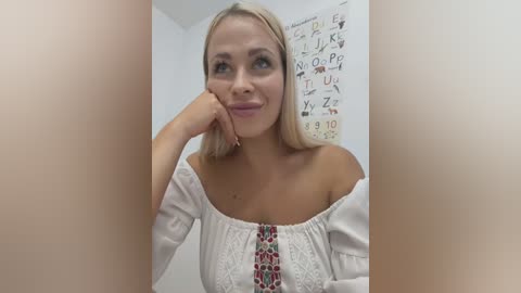 Media: Video of a blonde Caucasian woman with blue eyes, wearing a white off-shoulder blouse with red embroidery, resting her chin on her hand, against a white wall with an eye chart.