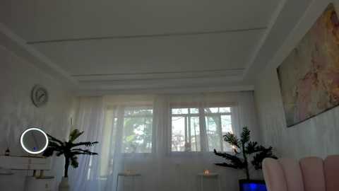 Media: Video of a minimalist, sunlit room with white walls, large windows, and a soft pink couch. A wall clock, a potted plant, and a framed abstract painting adorn the space.