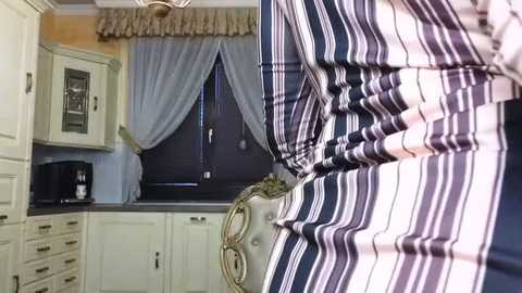 Media: Video of a modern kitchen with white cabinets, black countertops, and a striped cushion on an ornate chair, featuring a window with sheer curtains and a dark sink.