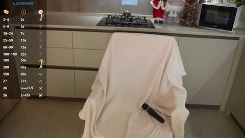 Media: Video of a modern kitchen with a white towel draped over a chair, a stove with a pot, and a microwave on the countertop.