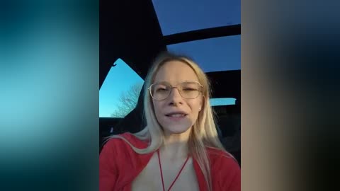 Media: Video of a smiling, fair-skinned blonde woman with glasses, wearing a red top, seated in a car with a blue sky and trees visible through the window.