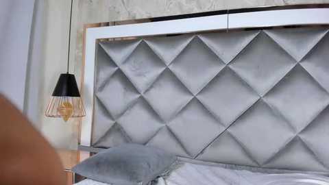 Media: Video of a modern bedroom with a tufted, diamond-patterned headboard in silver, white walls, and a black pendant lamp on a bedside table.