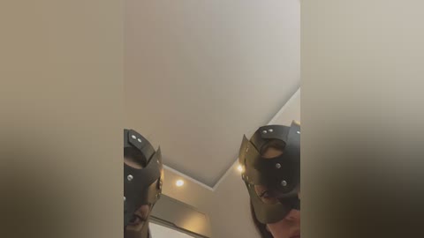 Media: A video of a person in a black, leather BDSM mask, with a reflective surface in the background. The scene is indoors, with a beige ceiling and dim lighting.