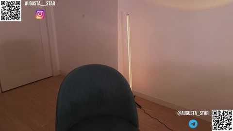 Media: Video of a modern, minimalist room with a teal armchair, white walls, and a tall, thin lamp in the corner. QR codes and social media icons are visible.