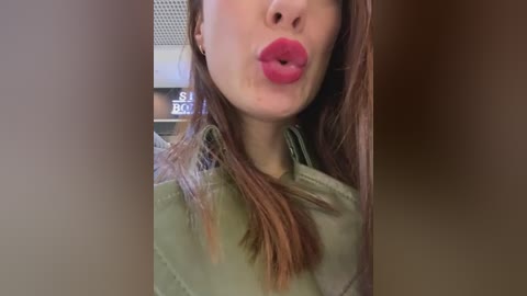 Media: A close-up video of a woman with fair skin and long, straight auburn hair. She has full, pink lips, slightly puckered. She's wearing a green shirt and is indoors near a \"SALON\" sign.