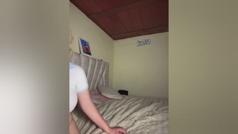 Media: Video of a woman in a white T-shirt and beige shorts standing on a bed with a beige blanket. The room has yellow walls, a red ceiling, and a framed \"J\" sign.