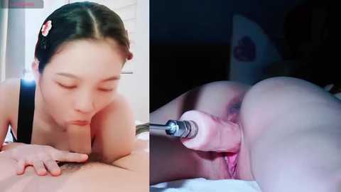 Media: Video of an Asian woman with dark hair in a floral hairclip performing oral sex on a man with a dildo inserted in her anus.