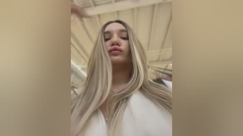 Media: Video of a young woman with long, straight blonde hair and fair skin, wearing a white top. She stands in an industrial warehouse with exposed beams and metal structures in the background.